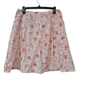 AGB Women's White & Pink Cotton Floral Lined A-Line Skirt w Lace Trim